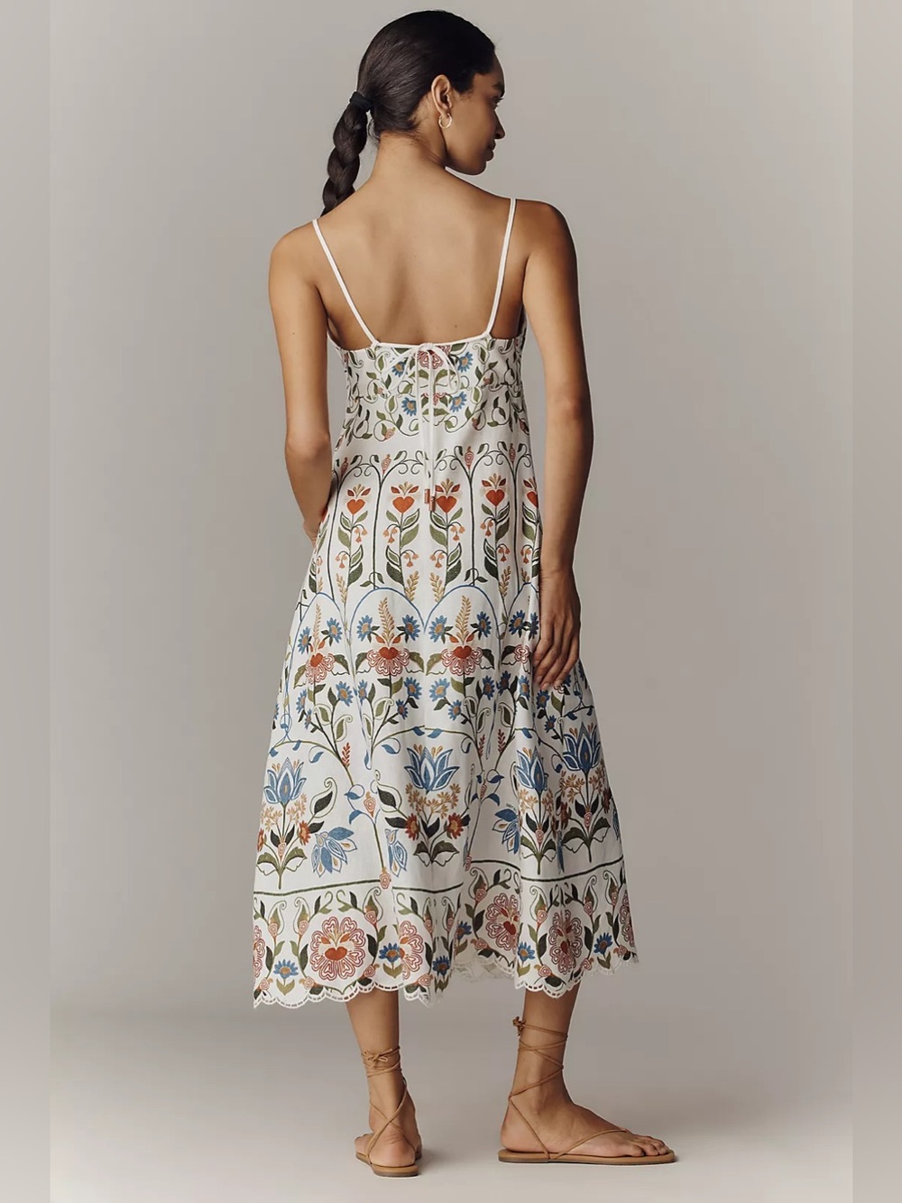 Farm Rio Scalloped Sleeveless Linen V-Neck Midi Dress - Picture 3 of 6